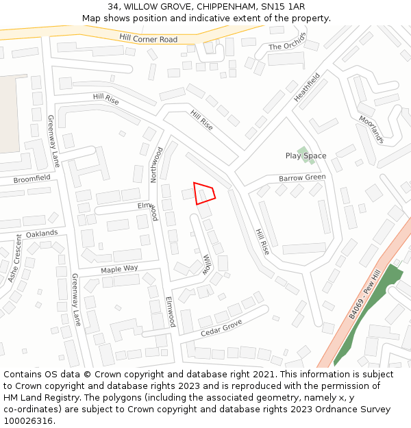 34, WILLOW GROVE, CHIPPENHAM, SN15 1AR: Location map and indicative extent of plot