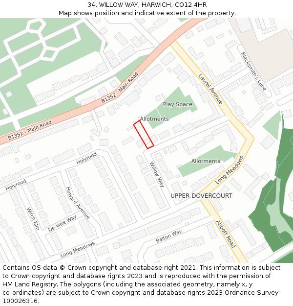 34, WILLOW WAY, HARWICH, CO12 4HR: Location map and indicative extent of plot