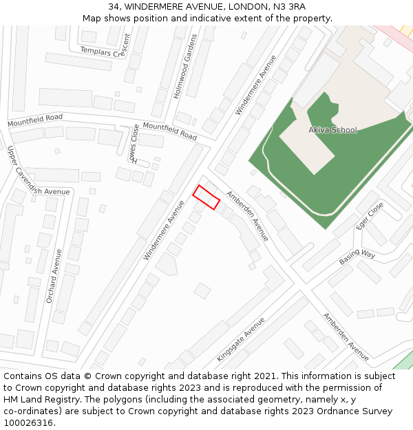 34, WINDERMERE AVENUE, LONDON, N3 3RA: Location map and indicative extent of plot