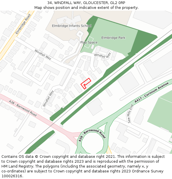 34, WINDFALL WAY, GLOUCESTER, GL2 0RP: Location map and indicative extent of plot