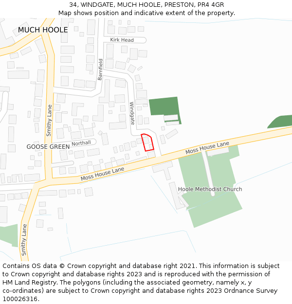 34, WINDGATE, MUCH HOOLE, PRESTON, PR4 4GR: Location map and indicative extent of plot