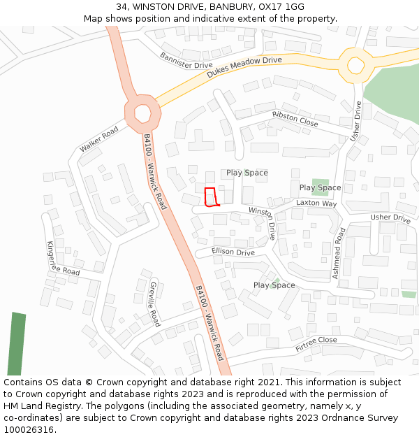 34, WINSTON DRIVE, BANBURY, OX17 1GG: Location map and indicative extent of plot