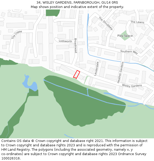 34, WISLEY GARDENS, FARNBOROUGH, GU14 0RS: Location map and indicative extent of plot