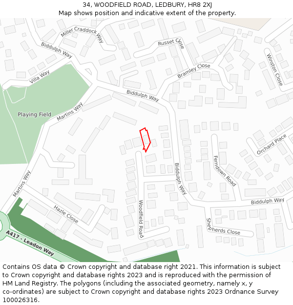 34, WOODFIELD ROAD, LEDBURY, HR8 2XJ: Location map and indicative extent of plot