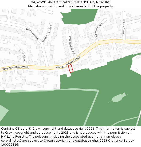 34, WOODLAND RISE WEST, SHERINGHAM, NR26 8PF: Location map and indicative extent of plot