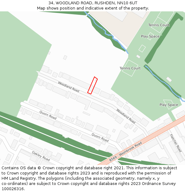 34, WOODLAND ROAD, RUSHDEN, NN10 6UT: Location map and indicative extent of plot