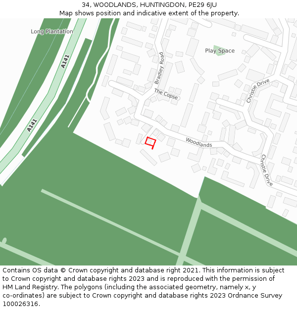 34, WOODLANDS, HUNTINGDON, PE29 6JU: Location map and indicative extent of plot