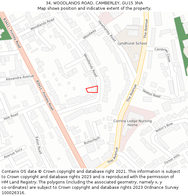 34, WOODLANDS ROAD, CAMBERLEY, GU15 3NA: Location map and indicative extent of plot