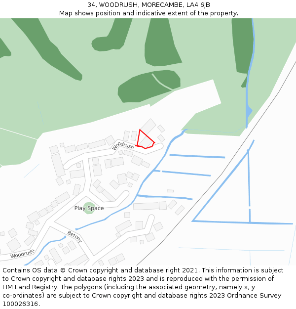 34, WOODRUSH, MORECAMBE, LA4 6JB: Location map and indicative extent of plot