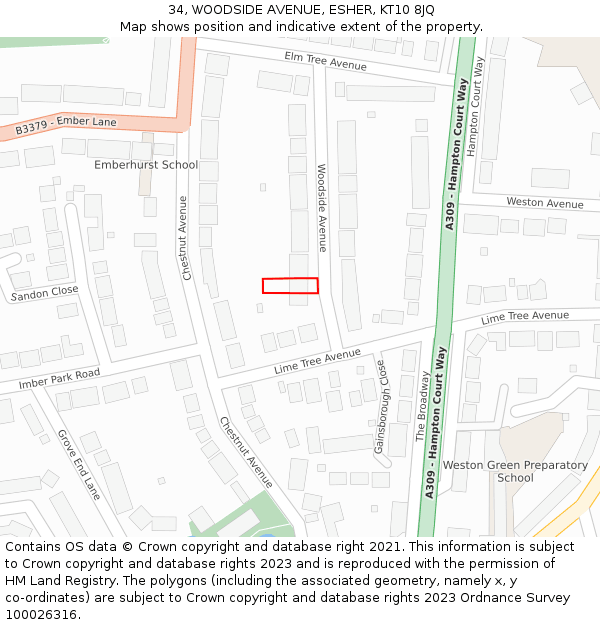 34, WOODSIDE AVENUE, ESHER, KT10 8JQ: Location map and indicative extent of plot