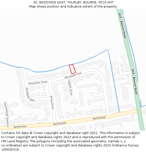 34, WOODSIDE EAST, THURLBY, BOURNE, PE10 0HT: Location map and indicative extent of plot