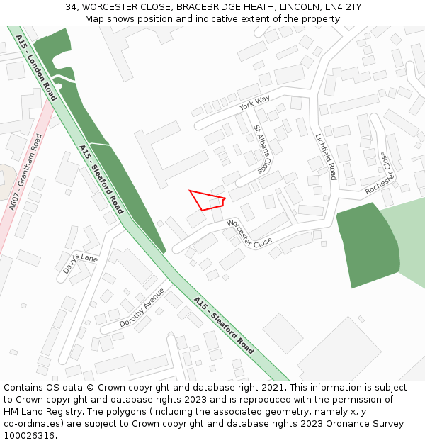 34, WORCESTER CLOSE, BRACEBRIDGE HEATH, LINCOLN, LN4 2TY: Location map and indicative extent of plot