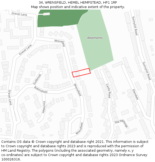 34, WRENSFIELD, HEMEL HEMPSTEAD, HP1 1RP: Location map and indicative extent of plot
