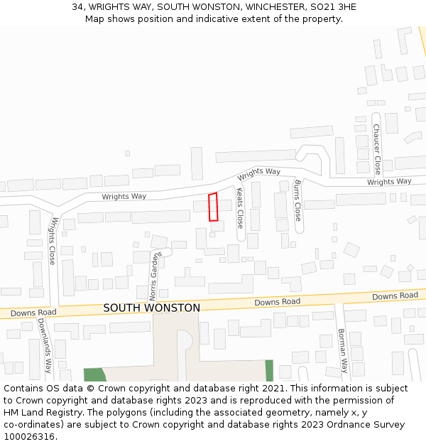 34, WRIGHTS WAY, SOUTH WONSTON, WINCHESTER, SO21 3HE: Location map and indicative extent of plot