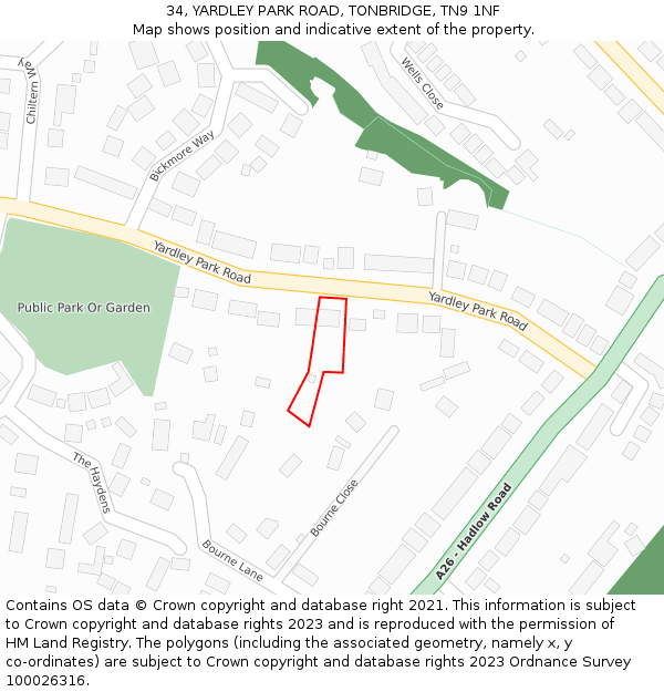 34, YARDLEY PARK ROAD, TONBRIDGE, TN9 1NF: Location map and indicative extent of plot