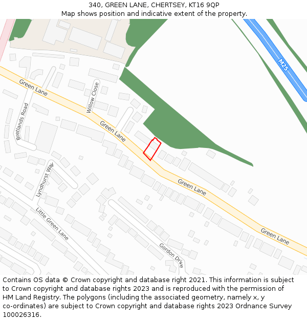 340, GREEN LANE, CHERTSEY, KT16 9QP: Location map and indicative extent of plot