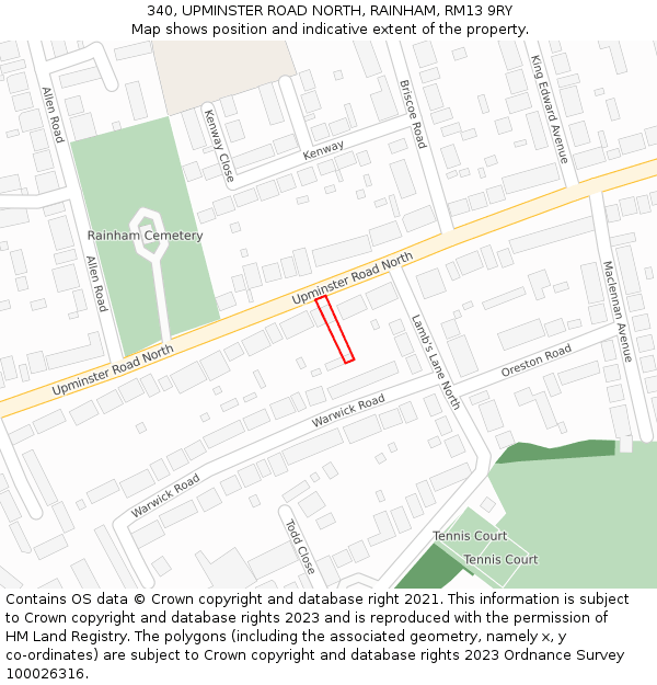 340, UPMINSTER ROAD NORTH, RAINHAM, RM13 9RY: Location map and indicative extent of plot