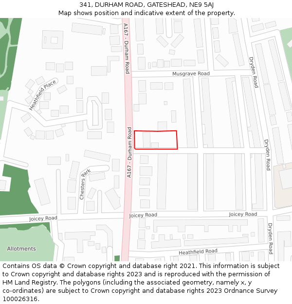 341, DURHAM ROAD, GATESHEAD, NE9 5AJ: Location map and indicative extent of plot