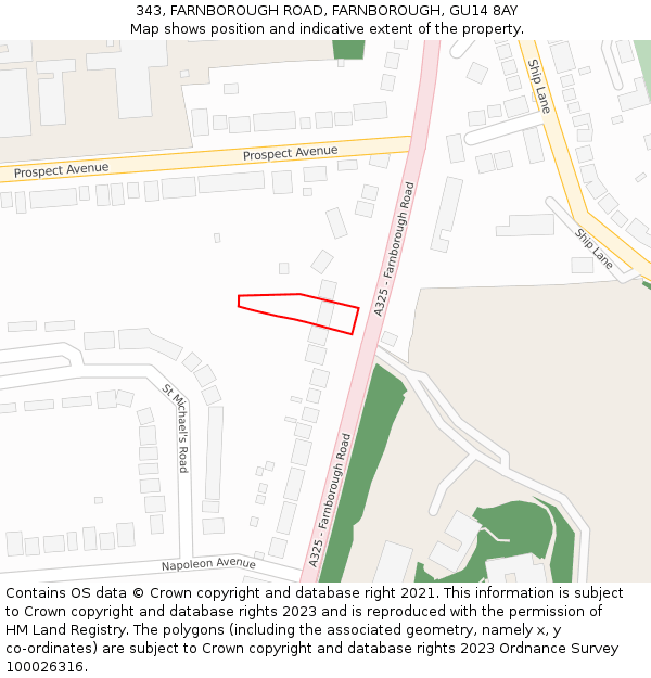 343, FARNBOROUGH ROAD, FARNBOROUGH, GU14 8AY: Location map and indicative extent of plot