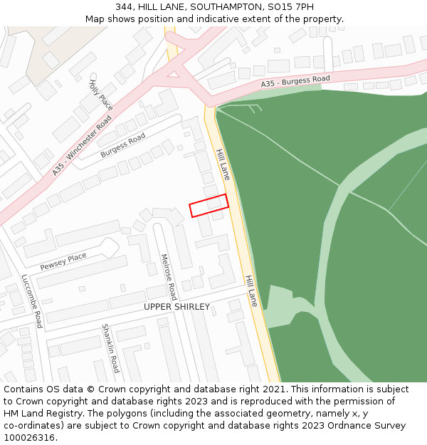 344, HILL LANE, SOUTHAMPTON, SO15 7PH: Location map and indicative extent of plot