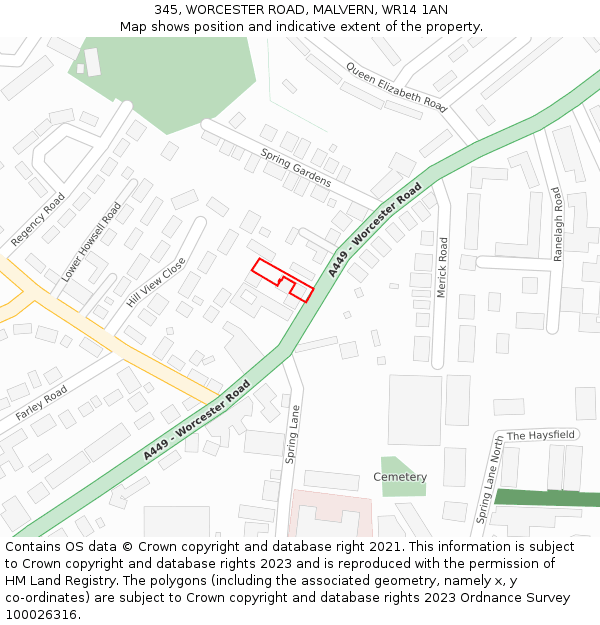 345, WORCESTER ROAD, MALVERN, WR14 1AN: Location map and indicative extent of plot