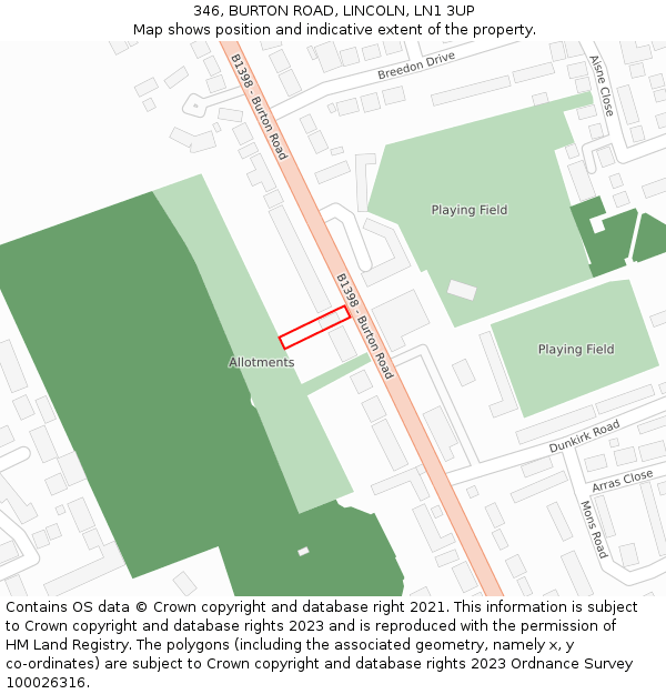 346, BURTON ROAD, LINCOLN, LN1 3UP: Location map and indicative extent of plot