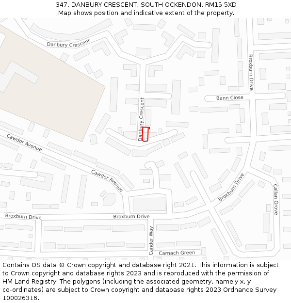 347, DANBURY CRESCENT, SOUTH OCKENDON, RM15 5XD: Location map and indicative extent of plot