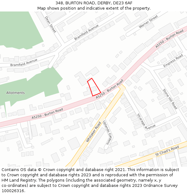 348, BURTON ROAD, DERBY, DE23 6AF: Location map and indicative extent of plot
