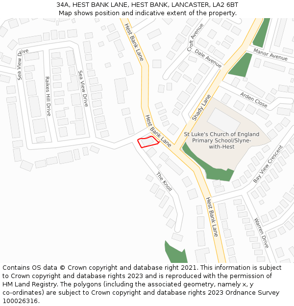 34A, HEST BANK LANE, HEST BANK, LANCASTER, LA2 6BT: Location map and indicative extent of plot