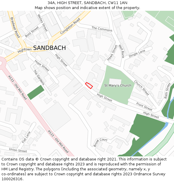 34A, HIGH STREET, SANDBACH, CW11 1AN: Location map and indicative extent of plot