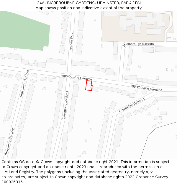 34A, INGREBOURNE GARDENS, UPMINSTER, RM14 1BN: Location map and indicative extent of plot