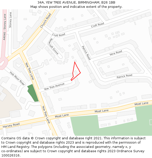 34A, YEW TREE AVENUE, BIRMINGHAM, B26 1BB: Location map and indicative extent of plot