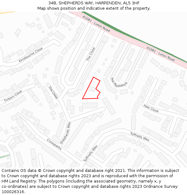 34B, SHEPHERDS WAY, HARPENDEN, AL5 3HF: Location map and indicative extent of plot