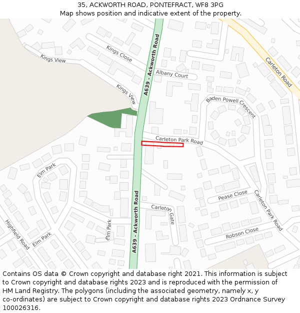 35, ACKWORTH ROAD, PONTEFRACT, WF8 3PG: Location map and indicative extent of plot