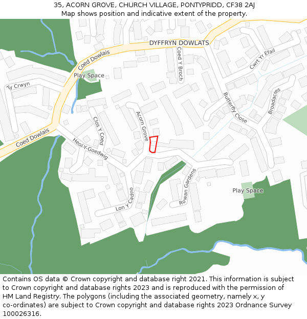 35, ACORN GROVE, CHURCH VILLAGE, PONTYPRIDD, CF38 2AJ: Location map and indicative extent of plot