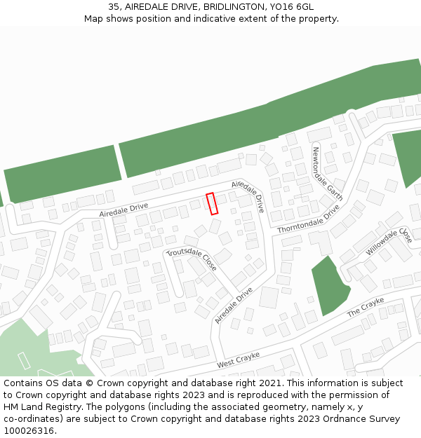 35, AIREDALE DRIVE, BRIDLINGTON, YO16 6GL: Location map and indicative extent of plot