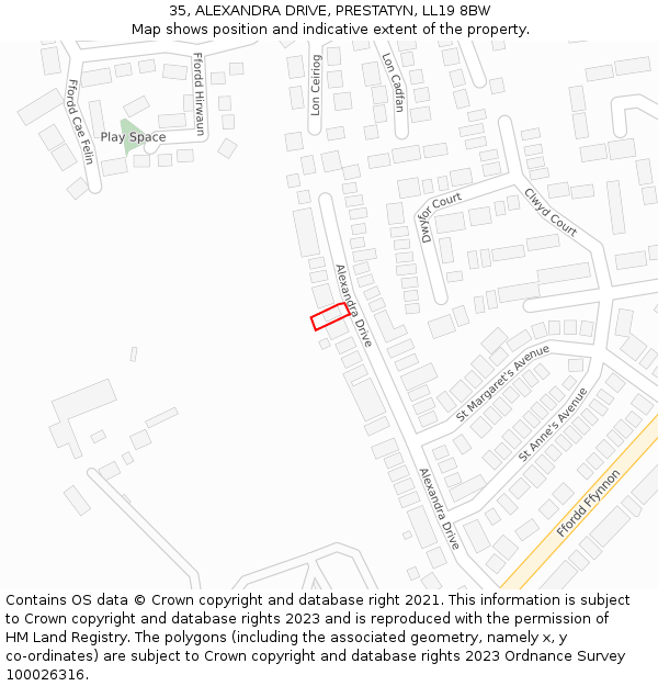 35, ALEXANDRA DRIVE, PRESTATYN, LL19 8BW: Location map and indicative extent of plot