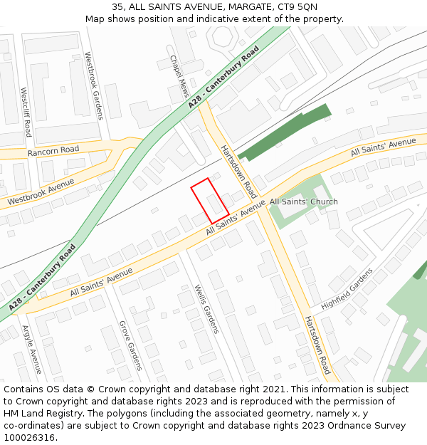 35, ALL SAINTS AVENUE, MARGATE, CT9 5QN: Location map and indicative extent of plot