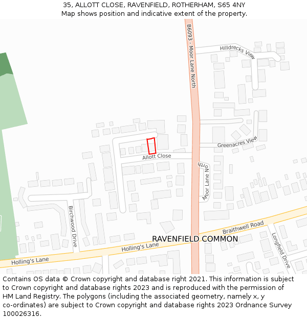 35, ALLOTT CLOSE, RAVENFIELD, ROTHERHAM, S65 4NY: Location map and indicative extent of plot