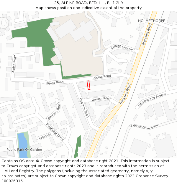 35, ALPINE ROAD, REDHILL, RH1 2HY: Location map and indicative extent of plot