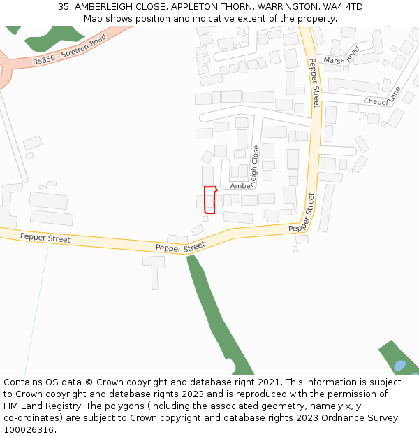 35, AMBERLEIGH CLOSE, APPLETON THORN, WARRINGTON, WA4 4TD: Location map and indicative extent of plot