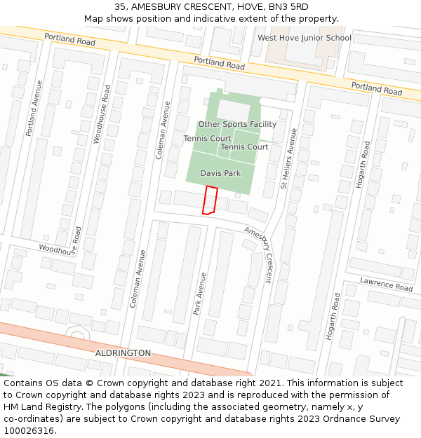 35, AMESBURY CRESCENT, HOVE, BN3 5RD: Location map and indicative extent of plot