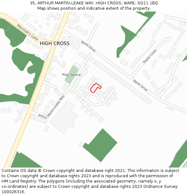 35, ARTHUR MARTIN-LEAKE WAY, HIGH CROSS, WARE, SG11 1BQ: Location map and indicative extent of plot