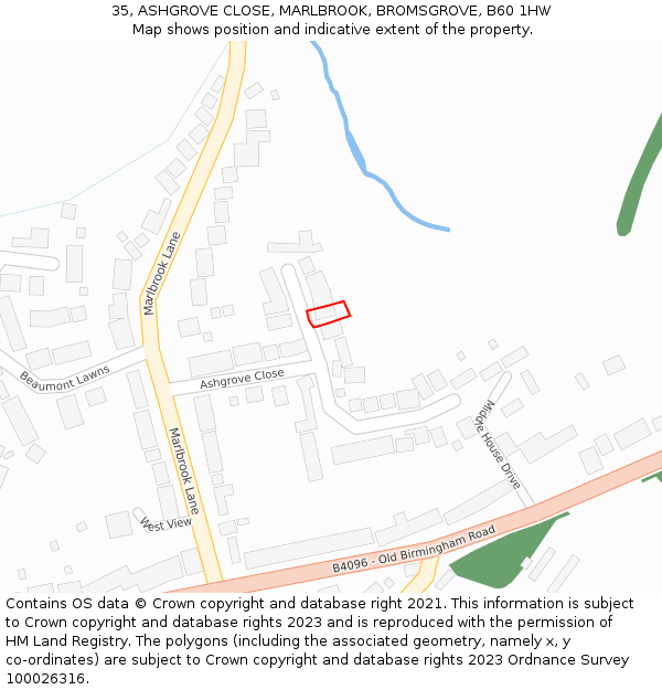 35, ASHGROVE CLOSE, MARLBROOK, BROMSGROVE, B60 1HW: Location map and indicative extent of plot