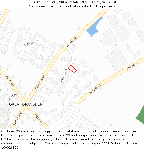 35, AUDLEY CLOSE, GREAT GRANSDEN, SANDY, SG19 3RL: Location map and indicative extent of plot