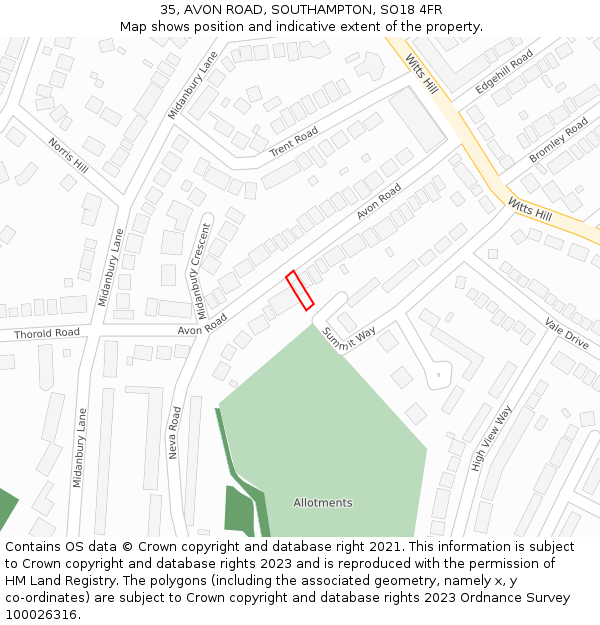 35, AVON ROAD, SOUTHAMPTON, SO18 4FR: Location map and indicative extent of plot