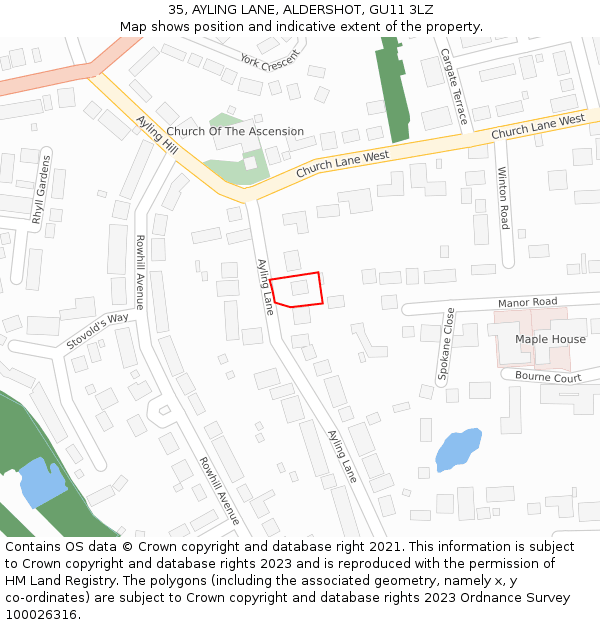 35, AYLING LANE, ALDERSHOT, GU11 3LZ: Location map and indicative extent of plot