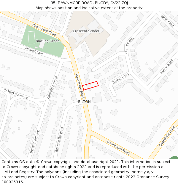 35, BAWNMORE ROAD, RUGBY, CV22 7QJ: Location map and indicative extent of plot