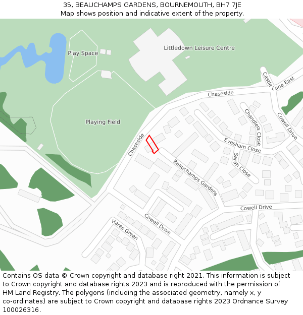 35, BEAUCHAMPS GARDENS, BOURNEMOUTH, BH7 7JE: Location map and indicative extent of plot