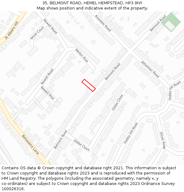 35, BELMONT ROAD, HEMEL HEMPSTEAD, HP3 9NY: Location map and indicative extent of plot